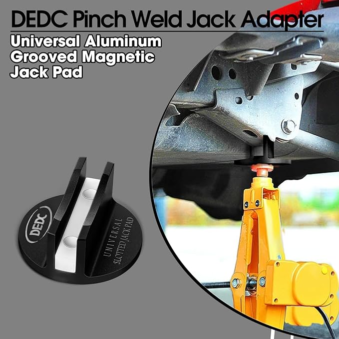 DEDC Universal Aluminum Grooved Magnetic Jack Pad Black 1 Pc, Jacking Puck Pinch Weld Frame Rail Adapter, Jack Accessories for Mechanics