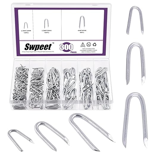 Swpeet 300Pcs 3/4" 5/6" 3/2" Steel Wire Staples Steel Fence Staple Assortment Kit, Concrete Metal Wire Twisting Fence, Fence Staple Nails, U Shaped Nails for Fencing, Wire Mesh and Woven Fencing