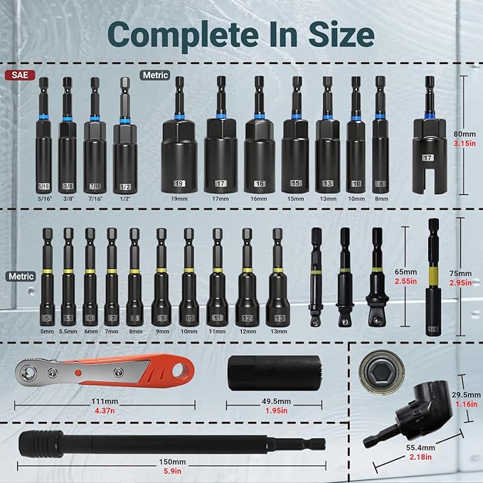 86-Piece Impact Magnetic Nut Driver Set, SAE/Metric Nut Driver Set, Right Angle Drill Driver, Socket Adapters, Bit Holder, Wing Nut Driver, Ratchet Bit Driver, Quick Release Extension, Power Bits