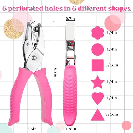 6 Pack 1/4 Inch Hole Punch, Metal Handheld Small Hole Puncher, Metal Handheld Paper Punch with Soft Grip for DIY Craft Tags Clothing Ticket Scrapbook, Circle, Heart, Star, Triangle Shapes