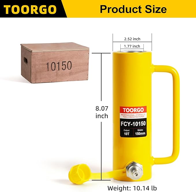 10T 6Inch Stroke Porta Power Single Acting Lifting Cylinder for Shipbuilding, Machinery and Industry,Automatically Retract Split Hydraulic Cylinders Tools, Yellow