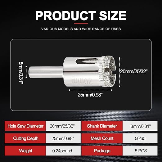 PATIKIL 5pcs 25/32" (20mm) Diamond Hole Saw, Glass Diamond Hole Cutters Hollow Core Drill Bits for Fiberglass, Tile, Porcelain, Ceramic