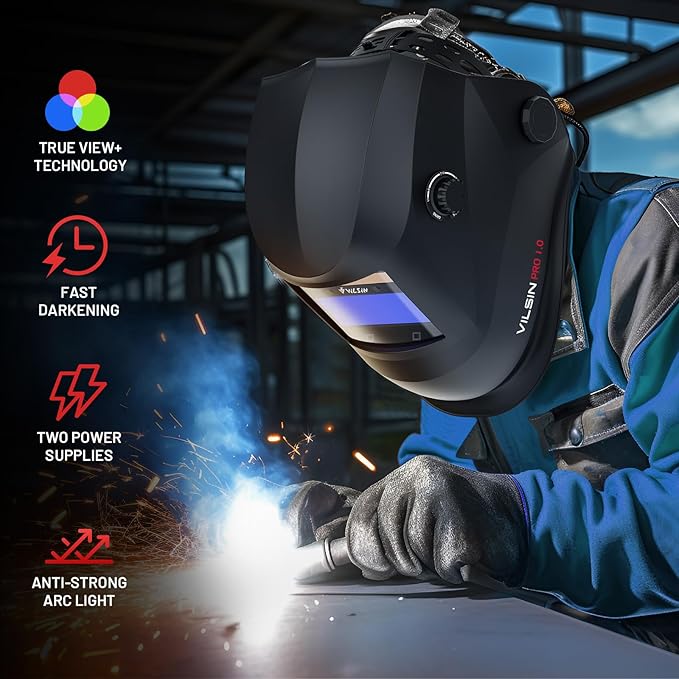 VILSIN Welding Helmet Auto Darkening Solar Powered Welding Hood With 2 Arc Sensor,Wide Shade 3/4-8/9-13 for TIG MIG ARC Weld Grinding Welder Helmet,Black