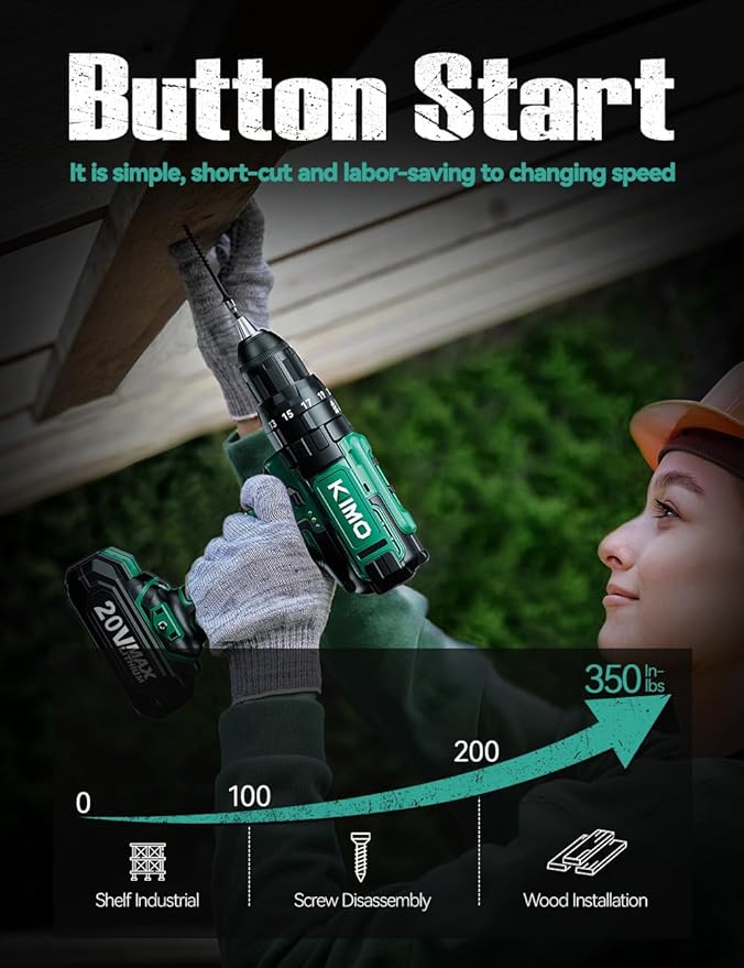 KIMO Cordless Hammer Drill Set with 20V 2.0Ah Battery 2 Packs, 21+3 Position, Max 350 In-lb Torque, 0-1350 RPM, 3/8" Keyless Chuck, 14pcs Accessories, Power Drill for Drilling Wood Bricks Walls Metal