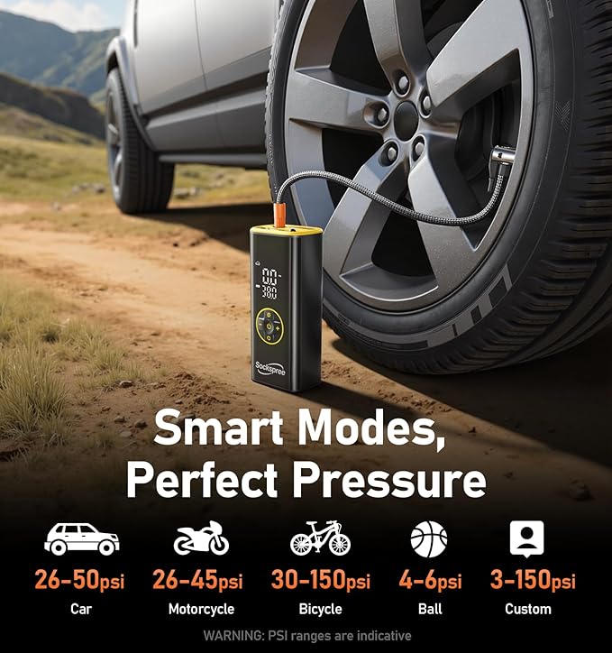 Tire Inflator Portable Air Compressor 5 in 1 Cordless Smart Pump with Tire Pressure Gauge 150PSI and LED Lights for Cars Bikes Motorcycle Balls Custom Mode Inflatables Yellow Black
