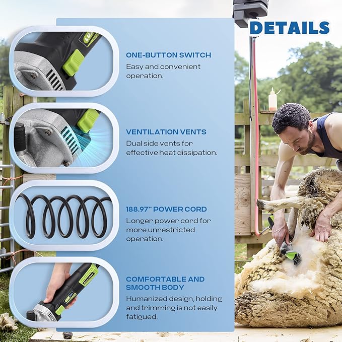 Sheep Shears Electric 850W 2400RPM Professional Heavy Duty Shearing Clipper with 6 Speed, for Shaving Fur Wool in Sheep, Goat, Cattle, and Other Farm Livestock Pet with Carrying Case (Size: 13.8*3.6")