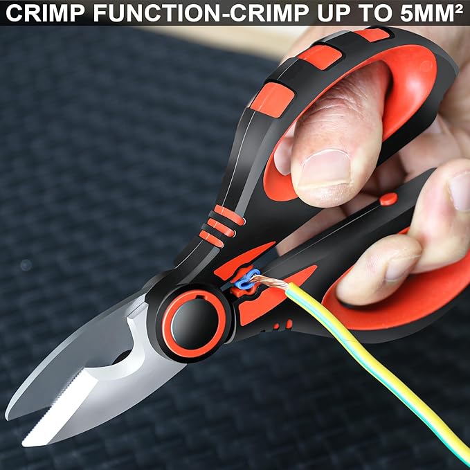 HAUTMEC Heavy-Duty Electrician Scissors, 6-1/4" Professional Electrician Shears with Stainless Serrated & Notch Blade, Wire Stripping, Cable Cutting & Crimping, Ergonomic Fiberglass Handle, HT0416