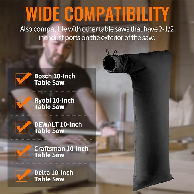 Table Saw Dust Collector Bag Compatible for Bosch/Dewalt/Ryobi/Craftsman/RIGID/Metabo/Kobalt/Skilsaw/Delta (10" Tablesaws with 2.5" Dust Port)-1Pack