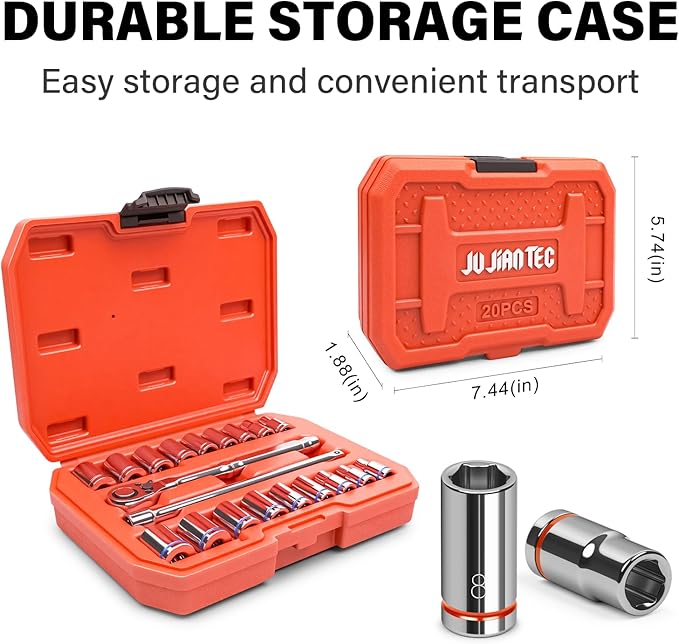 20-Piece 1/4" Drive Shallow Socket Set, SAE/Metric (3/16"-9/16" & 5mm-13mm) with Ratchet & Extension Bar, Premium Chrome Vanadium Steel, 6-Point, with Molded Case