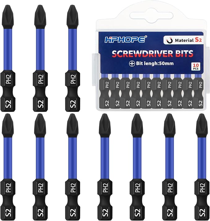 HPHOPE PH2 Screwdriver Bit Set 10Pcs, Phillips Bits PH2, 1/4" Hexagon Bit, Length: 50mm