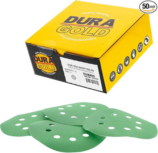 Dura-Gold Premium 1500 Grit 5" Green Film Sandpaper Discs, 8 Hole Pattern Dustless, 50 Discs - Hook & Loop Backing for Orbital DA Sander, Detailing Finishing Color Sanding Automotive Paint Woodworking