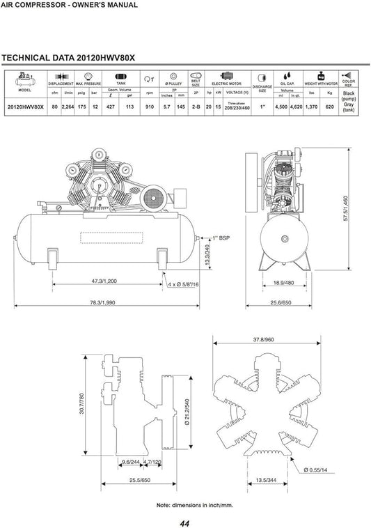 Schulz 20120HWV80X-3 V Series Piston Air Compressor; Cast Iron Construction; Enclosed Metal Belt Guard; Pressure Gauge; Balanced Drive Pulley; 80 CFM; 175 Max PSI; 20 Horsepower; 208-230/460
