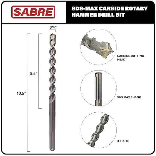 Sabre Tool 3/4 Inch x 13 Inch SDS MAX Rotary Hammer Drill Bit, U-Flute, Carbide Tipped for Brick, Stone, and Concrete, SDS MAX Drivers ONLY (3/4inches x 8.5inches x 13