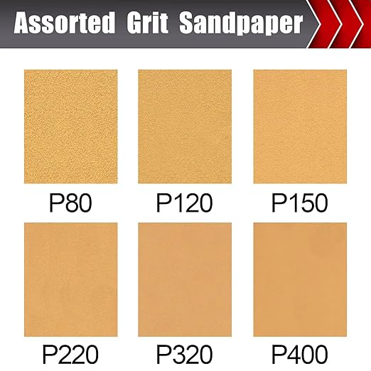 50 Pcs 1/4 Sheet Sandpaper, Premium Sand Paper 80/120/150/220/320/400 Grit Sandpaper Sheet Sand Paper Assortment for Wood Metal Automotive Palm Sanders 5.5" x 4.5"