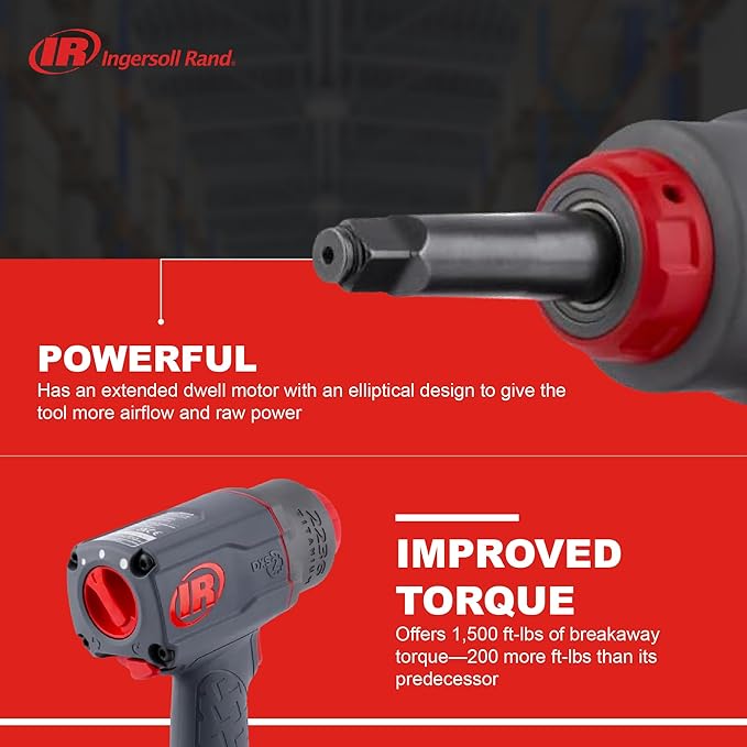 Ingersoll Rand 2236QTIMAX-2 DXS2 1/2" Air Impact Wrench, 2" Extended Anvil, Quiet, 1500 ft-lb Torque, Titanium Hammercase, Friction Ring Retainer, Pistol, Interchangeable Anvil, Multi-functional Tool