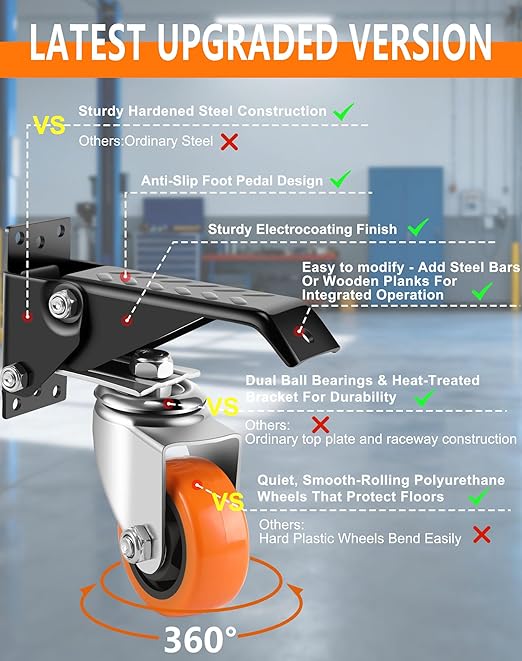 Caster Wheels, 3 Inch Workbench Casters Set of 8 Heavy Duty - 800 Lbs Capacity Retractable Swivel Castors with No Noise Polyurethane Wheels, Easy to Install for Tables Legs, Work Bench & Tool Carts