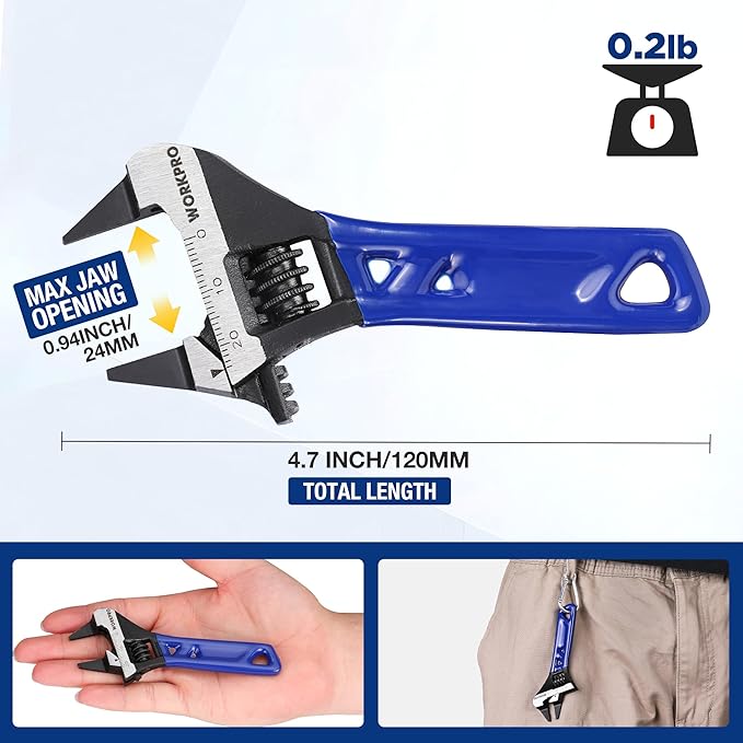 WORKPRO 4-Inch Thin Jaws Stubby Wide Opening Adjustable Wrench, Small Adjustable Wrench with 2mm Slim Jaws for Easy Access to Tight Spaces, Metric/SAE Scales, Cr-V Steel
