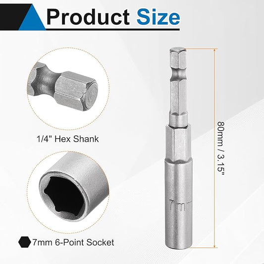 HARFINGTON 5pcs Nut Driver Drill Bit 7mm Metric Socket 1/4" Hex Shank 3.15" (80mm) Long 6-Point Sockets Quick Change CR-V Steel Bolt Setters for Power Drill Drivers