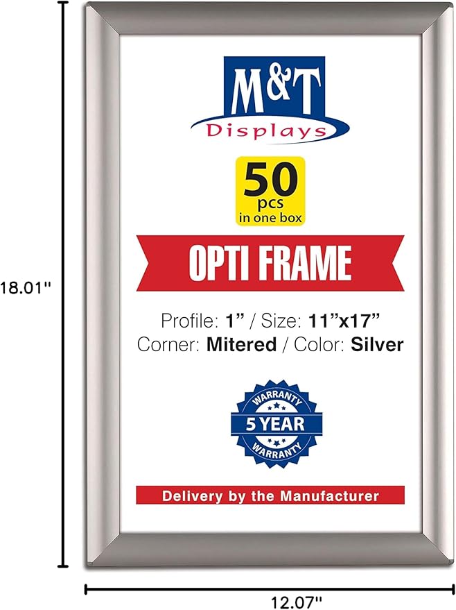 M&T Displays Opti Snap Poster Frame 11x17 Inch Silver 1" Aluminum Profile Front Loading Wall Mounting Photo Picture Document Certificate Sign Holder Mitered Corner Anti Glare Cover (50 pack)