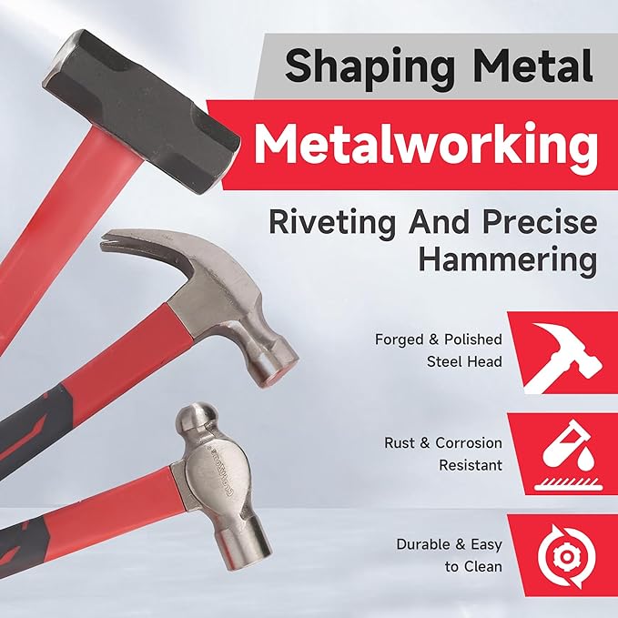6-Piece Rubber Mallet Hammer Set with 2lb Dead Blow - 3lb Sledge & Stoning - 16oz Ball Peen Claw Hammers | Anti-Vibration Fiberglass Handles for Construction Metalworking Automotive & DIY Projects