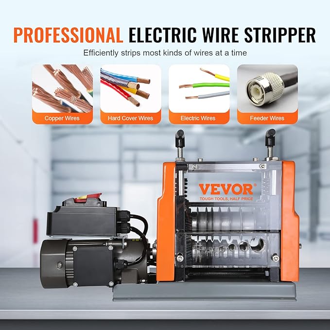 VEVOR Electric Wire Stripping Machine, 0.06''-0.98'' Automatic Wire Stripper Machine, 60 W, Wire Strip with Visible Stripping Depth Reference, 6 Round & 1 Flat Channels Electric Wire Stripper