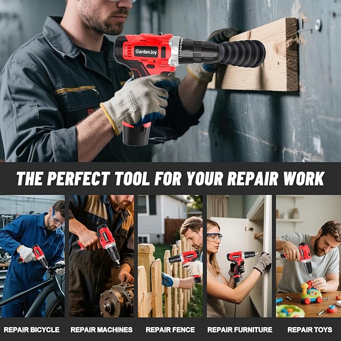 12V Cordless Drill Kit, Red, 2 Batteries & Fast Charger Included, Lightweight, 2-Speed Control, 3/8" Keyless Chuck, 24+1 Torque, LED Light for DIY Wood/Metal