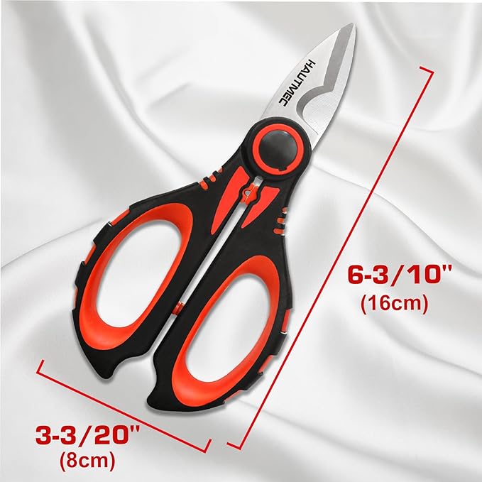 HAUTMEC Heavy-Duty Electrician Scissors, 6-1/4" Professional Electrician Shears with Stainless Serrated & Notch Blade, Wire Stripping, Cable Cutting & Crimping, Ergonomic Fiberglass Handle, HT0416