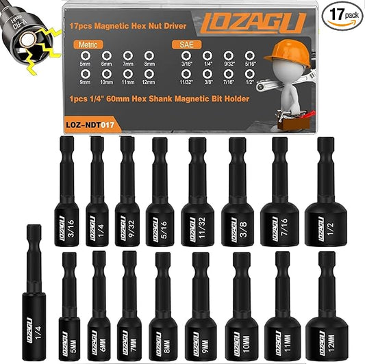 17PCS Magnetic Nut Driver Set | SAE and Metric | Premium Impact Power Hex Nut Driver Drill Bit Master Kit | 1/4 Inch Hex Shank | Cr-V Steel (17PCS Magnetic Nut Driver (Short))