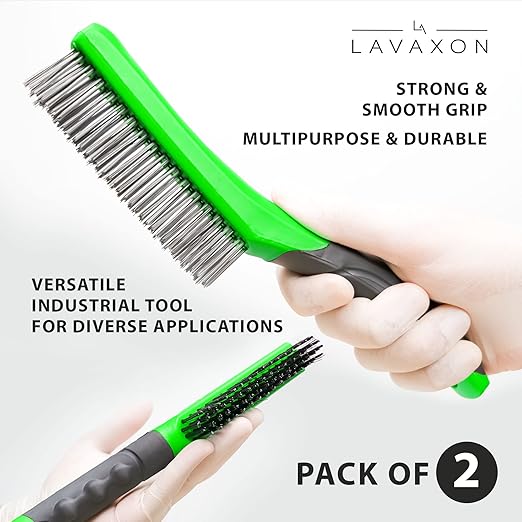 Wire Brush Set-Heavy Duty Stainless & Carbon Steel Bristles with Plastic Handle Grip for Rust, Wielding Slag, Dirt & Paint Scrubbing with Deep Cleaning ??10 Inches (Pack of 2-Green)
