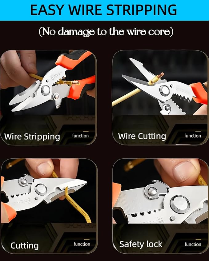Scissors All Purpose Heavy Duty - Electrician Scissors for Cutting/Stripping Wires - Sharp Shears With Serrated Blades - Utility Snips Easy Cutting Carpet/Cardboard/Wires/