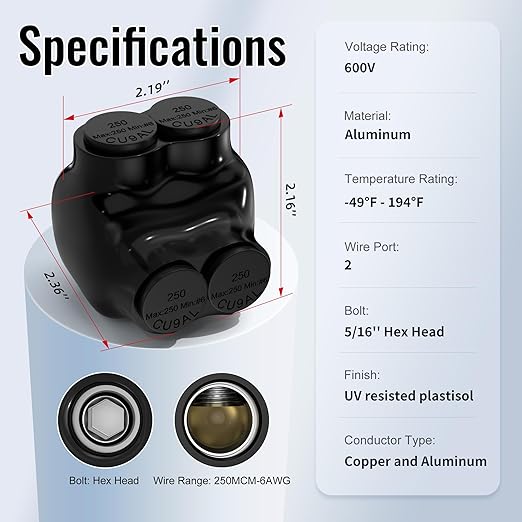 Insulated Multi Tap Connector 2 Port 250MCM-6AWG Splice Electrical Power Connectors 5/16" Allen Hex Aluminum Wire Connector- 6 Pack