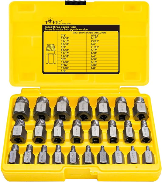 Topec 25Pcs-Double Head Screw Extractor Set, Newest Version 3/8??Drive 2-in-1 Functional Easy Out Bolt Extractor Set, Premium CR-MO Steel Rounded Bolt Remover