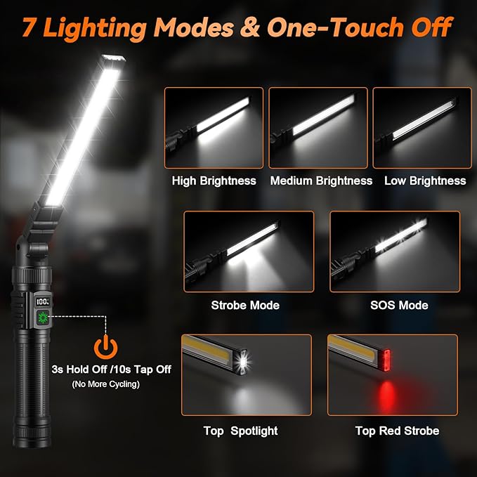 2Pack Magnetic Work Light, All Aluminum & 1500 High Lumens Rechargeable Work Light, 7 Mode & 360째 Rotation Mechanic Light, Rechargeable Flashlight for Car Repairing, Valentines Day Tool Gifts for Him