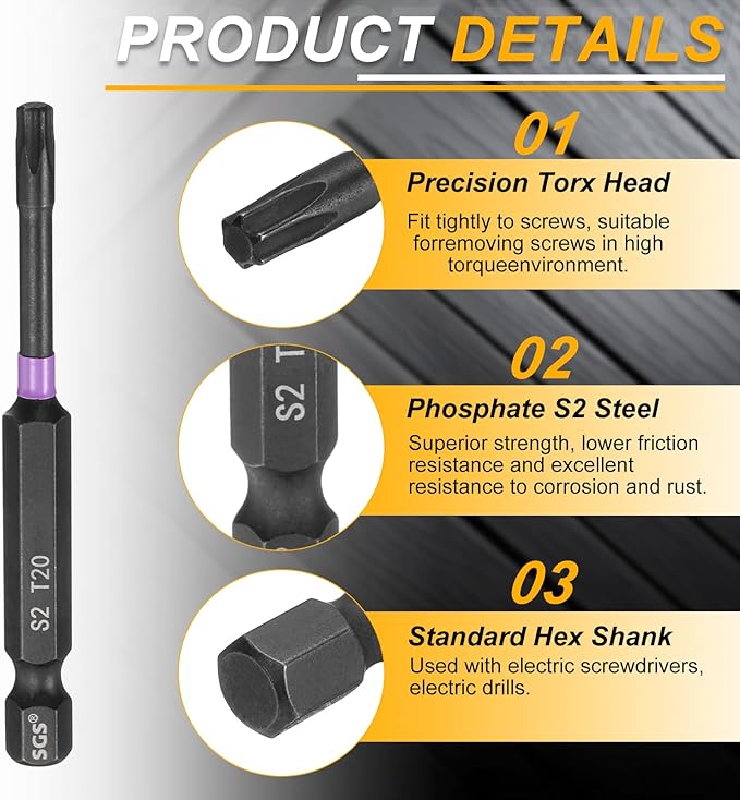 HARFINGTON 5pcs T20 Torx Head Impact Screwdriver Bits 1/4" Hex Shank 2.8" (70mm) Long Magnetic No Hole Tamper Proof 6 Point Star Screw Driver Drill Bits Phosphate S2 Steel Power Tools
