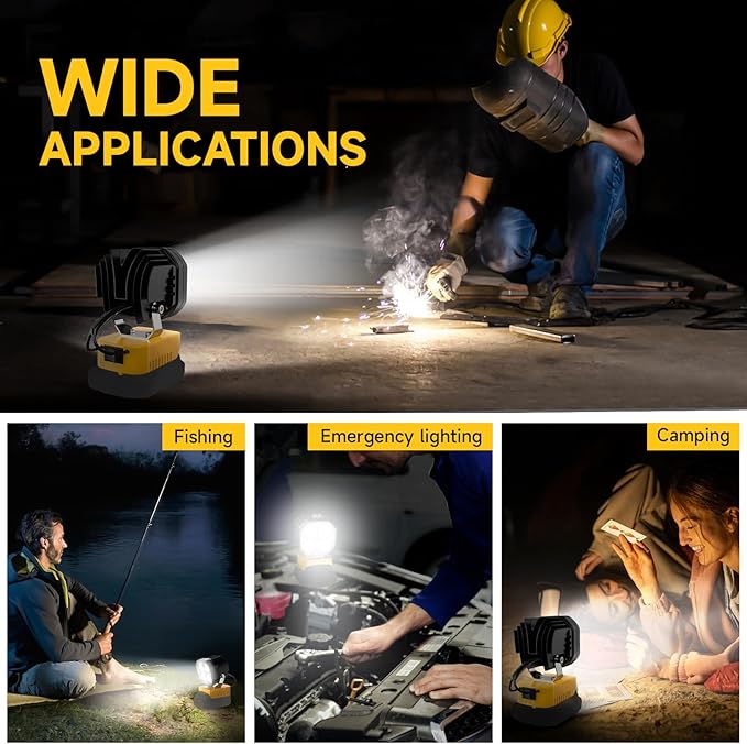 2 Packs LED Work Light Compatible with Dewalt 20V Battery, 40W 6000LM Flashlight, 20V Battery Cordless Work Light 120째Adjustable with Low Voltage Protection for Outdoors Job Site Lighting