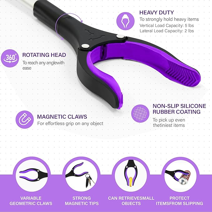 Grabber Reacher Tool - 32??Reacher Grabber Tool with Strong Magnetic and Swivel Head - FDA Registered Heavy Duty Pick Up Stick Grabbers for Seniors, Trash, Surgery Recovery Must Haves Gifts(Purple)