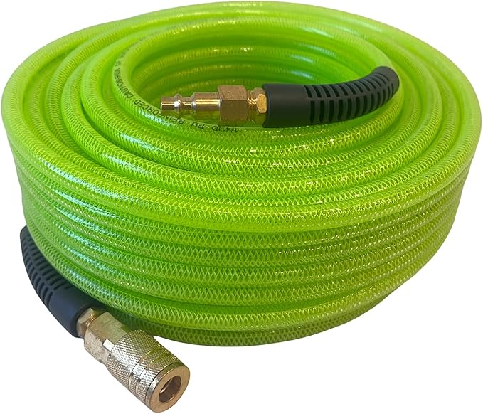 Air Hose 1/4 in x 100 ft, Polyurethane(PU), Reinforced Air Compressor Hose, Lightweight, Kink Resistant with 1/4??Industrial High Flow Quick Coupler&Plug, Bend Restrictors,300 PSI (100FT, White Green)