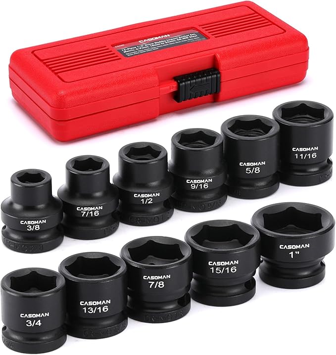 CASOMAN 11PCS 1/2" Drive Stubby Impact Socket Set, Low Profile, 3/8" - 1", SAE, CR-MO, 6-Point, 11 Pieces Shallow Socket Set for Automotive Maintenance, Repairs and DIY, for Tight Areas