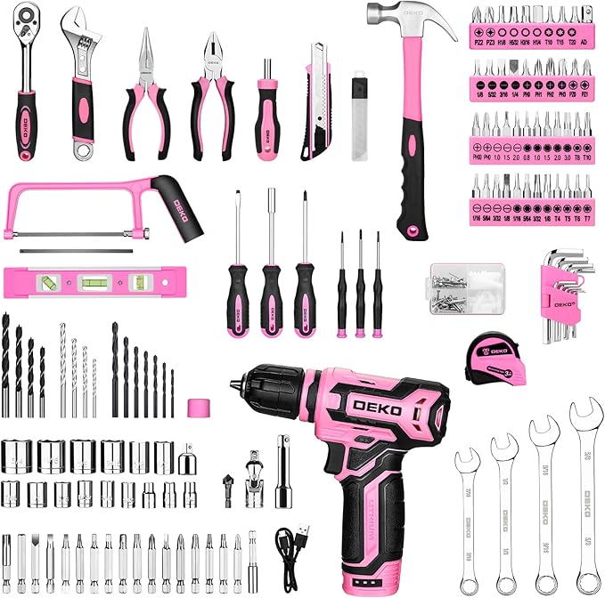 Pink Tool Kit Box Drill Set竊숧EKOPRO Home Mechanic Toolbox with 12V Power Cordless Drill Hand Repair Tools Sets Combo Kits Storage Organizer Drawer Case for Men & Women