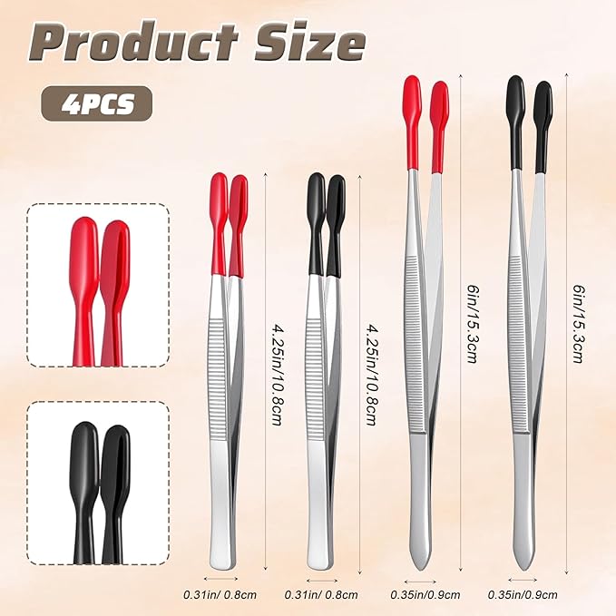 4 Pieces Rubber Tipped Tweezers, Forceps Silicone Coated Flat Tip Long Bent Precision Tweezers, Hobby Craft Tweezer Tools for Crafting Stamps Coins Jewelry Industrial Electronic Lab (Black & Red)