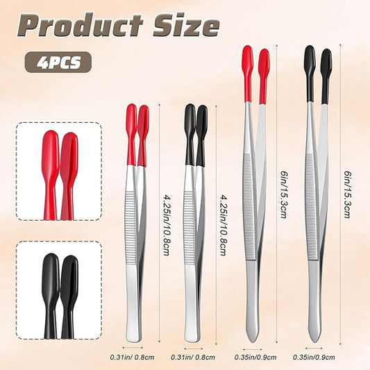 4 Pieces Rubber Tipped Tweezers, Forceps Silicone Coated Flat Tip Long Bent Precision Tweezers, Hobby Craft Tweezer Tools for Crafting Stamps Coins Jewelry Industrial Electronic Lab (Black & Red)