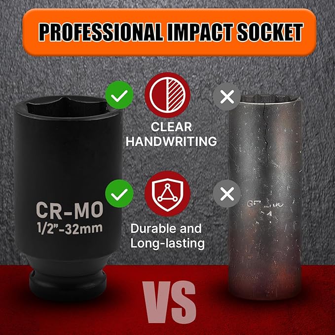 1/2" Drive Deep Impact Socket, 32mm Metric Socket, CR-MO 6 Point for Easy Removal of Axle Nut