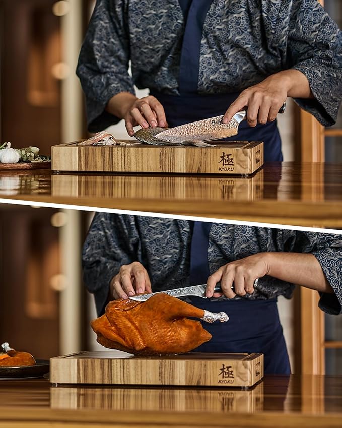 KYOKU Knife Set, Shogun Gin Series 2pc Japanese Style Kitchen Knife Set, 7" Boning 8" Chef Knife with Silver Ion Blade Sheath Gift Box, Sharp Damascus Stainless Steel Knives for Meat Vegetable