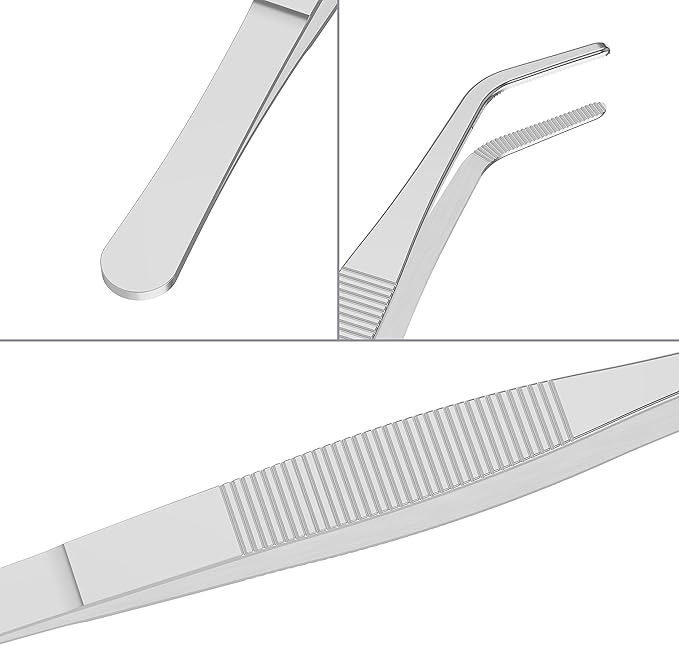 5 Inch Stainless Steel Tweezers, Curved Round Blunt Serrated Tip, Perfectly Aligned, 3/64 Inch Thickness Stainless Steel, Multipurpose Daily Garden Home Lab Craft Repairing Tool