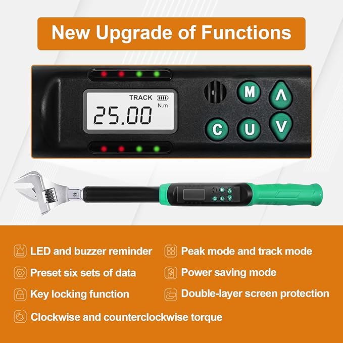 Marsram Adjustable Digital Torque Wrench, 5-99.6ft.lbs/6.8-135N.m, 5-35mm Jaw, Open End Interchangeable Electronic Torque Wrench With Buzzer And LED, For HVAC Car Moto Repair Tool, Calibrated