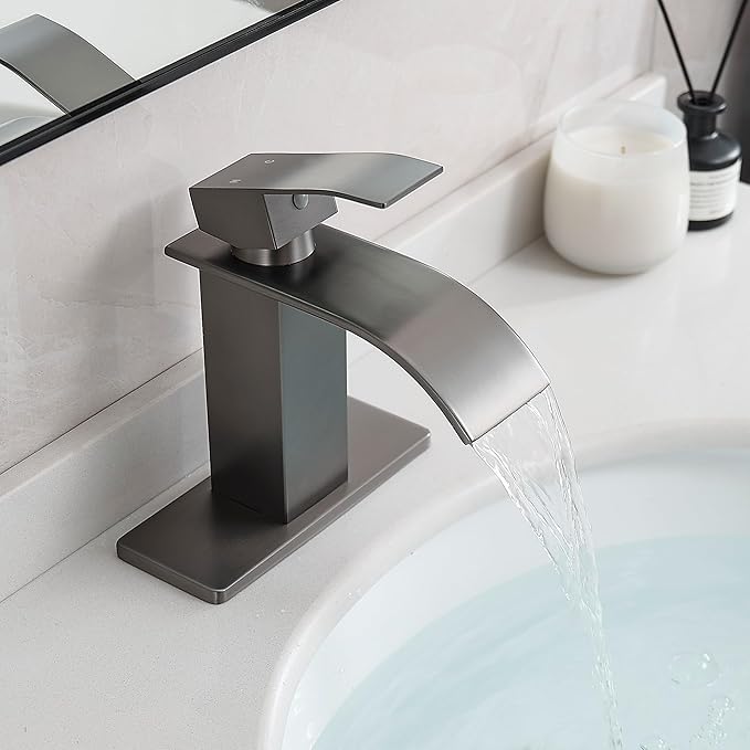 FRANSITON Brushed Grey Waterfall Bathroom Faucet Lavatory Single Handle 1 or 3 Hole Bathroom Sink Faucet with Deck and Pop-up Drain (Brushed Grey, Short)