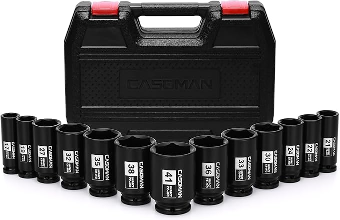 CASOMAN 1/2??Drive Deep Big Impact Socket Set, 13-Piece Large Spindle Axle Nut Impact Wrench Socket Set, 6 Point, CR-MO, Metric, 17mm - 41mm