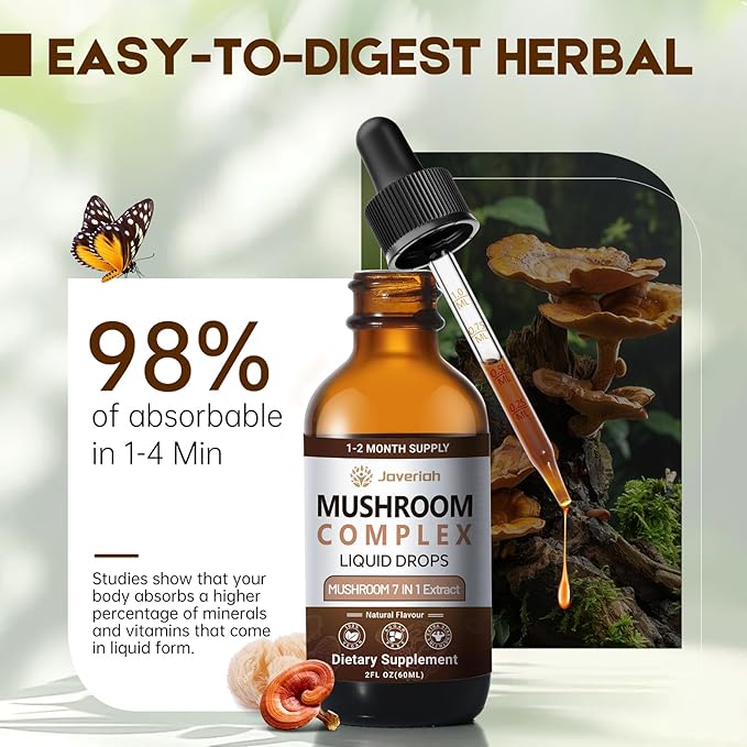 Mushroom Complex Liquid Drops Supplement with Lion's Mane, Shiitake, King Trumpet, Turkey Tail, Reishi, Cordyceps & Chaga,7 in 1 Mushrooms Complex Blend Tincture 4 fl oz 2 Pack