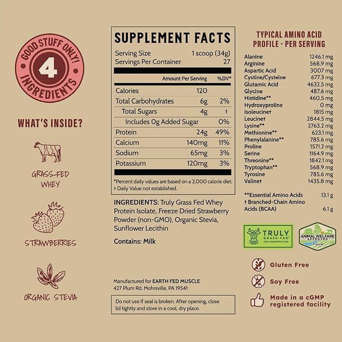 Earth Fed Muscle Strawberry?츴eels??Forever) ??Irish Truly Grass?멑ed Whey Protein Isolate, No Sugar, Soy?멑ree, Gluten?멑ree (2 lb, 29 Servings, Strawberry)
