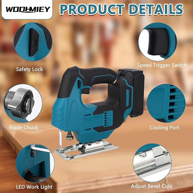 20V Brshless Cordless Jig Saw,Cordless Jig Saw Kit Varible Speed with LED Light, 55mm Cutting Thickness, Brushless Motor, Blue Color, Battery Charger for Metal Cutting